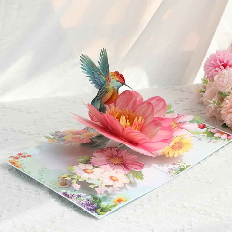 3D Popup Hummingbird Flower Postcard Foldable Blessing Card Handmade Greeting Card with Envelope Anniversary Gifts