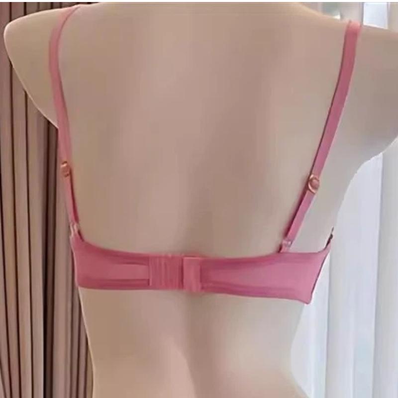 Pink Lace Underwire Bra with Butterfly Embroidery and Sheer Mesh