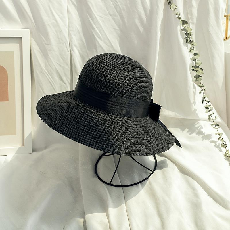 Women's Boho Bowknot Straw Hat, Simple Solid Color Wide Brim Sun Hat for Outdoor Travel and Beach, Elegant Summer Accessory for Daily Use