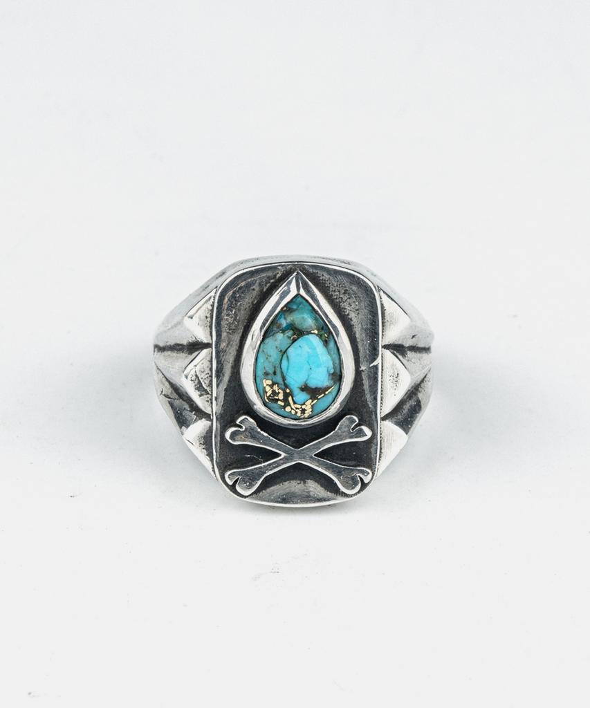 Sheen666 Teardrop Turquoise Crossbone Silver Ring (Type A)