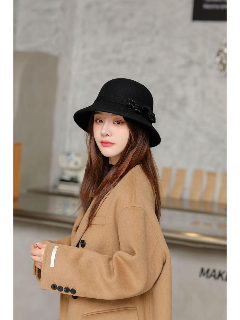 Korean Wool Fisherman Hat with Japanese Style and Pom Pom, Warm Autumn/Winter Bucket Hat for Women.