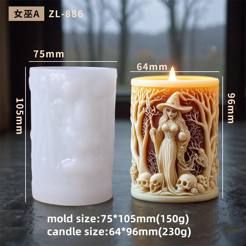 3D Witch Cylinder Candle Silicone Mold DIY Skull Witch Relief Cylinder Aromatherapy Resin Silicone Mould Halloween Decor Gifts