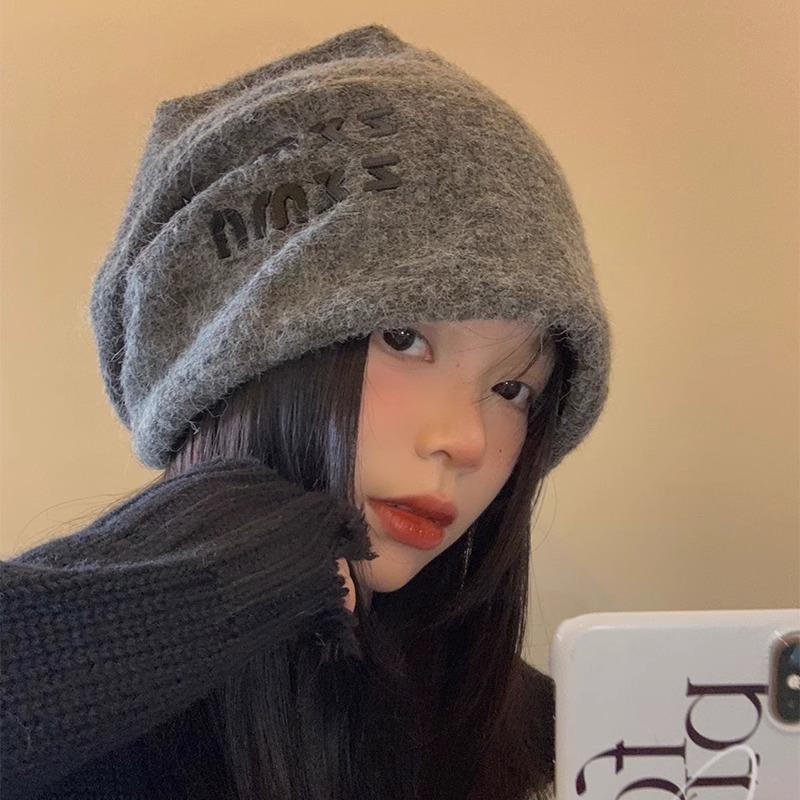 Lazy Style Versatile Pile Hat for Women Autumn and Winter Wool Warm Ear Protection Knitted Hat Pullover Confinement Hat Cold Hat Trendy