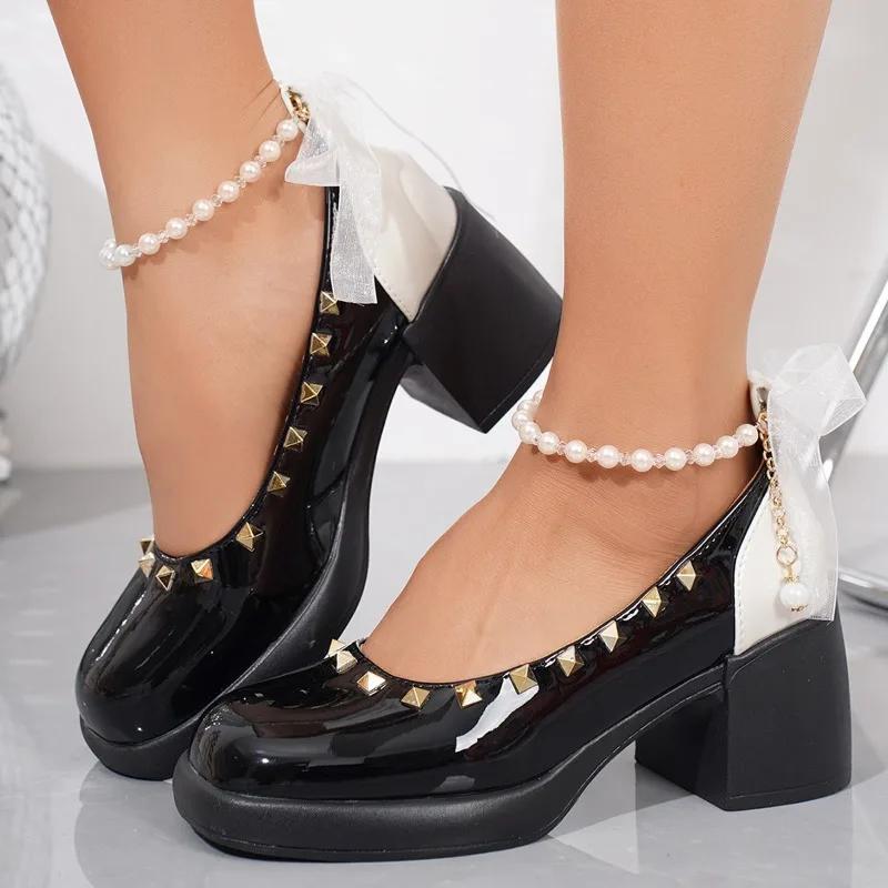 Plus Size 2025 Classics Women's High Heels String Bead Buckle Strap Bow Tie Rivet Chunky Heel Pumps for Mixed Color Dress Office