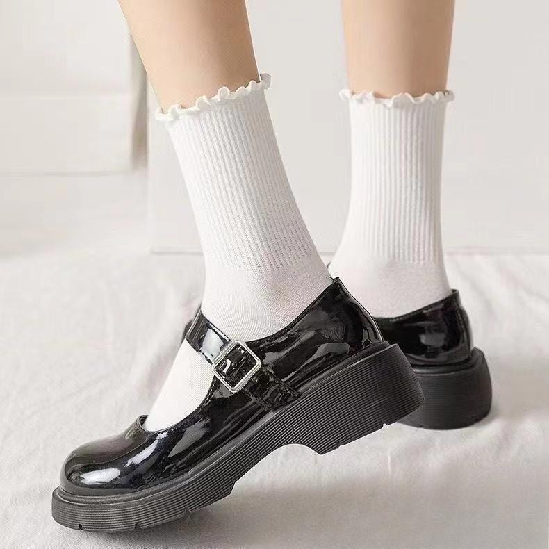 Ruffle Socks for Women 5pair /Lot Mid Crew Middles Tube Ankle High Breathable Black White Female Spring Autumn Sock