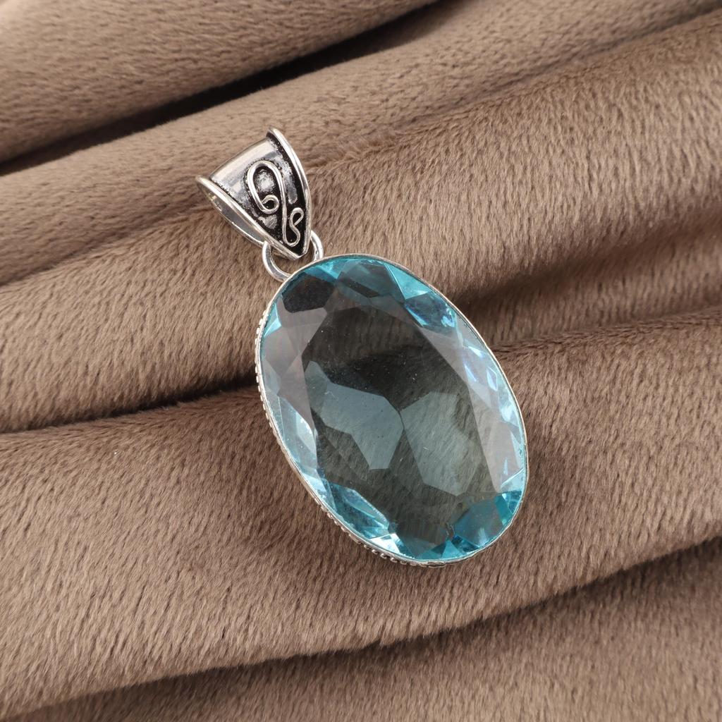 Sky Blue Topaz Gemstone 925 Sterling Silver Jewelry Designer Oval Pendant 1.8" For Birthday Gift PP-71-2