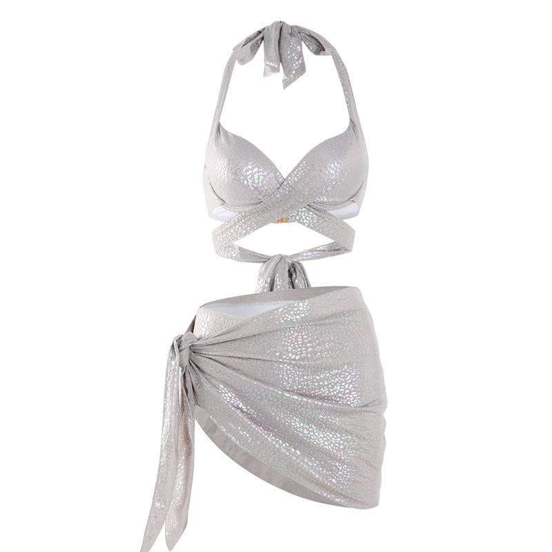 Dámská třídílná bikiny sada v japonském a korejském stylu 2024: Sexy na ramínka, zeštíhlující, rozparkové plavky na dovolenou nebo do horkých pramenů