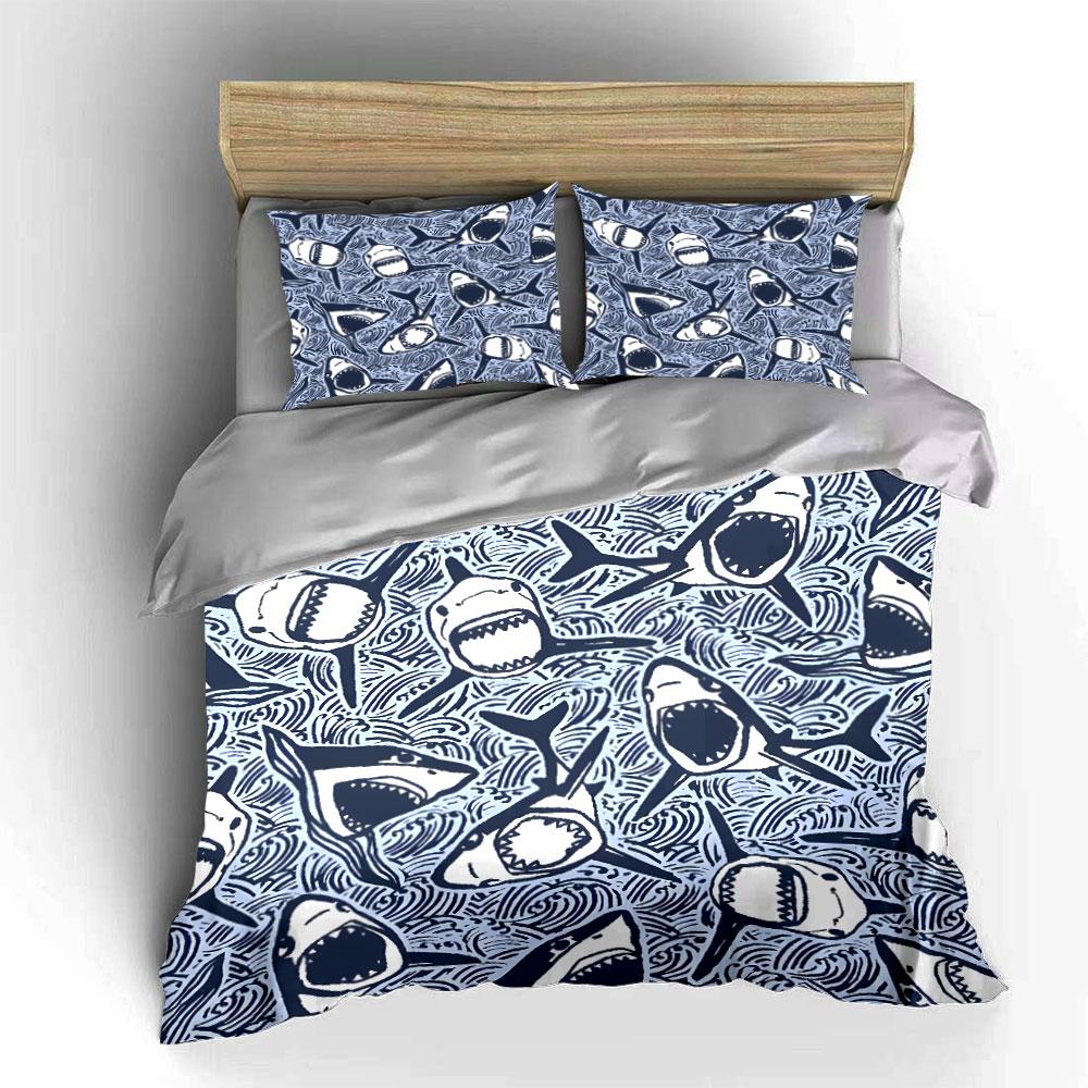 Shark Print Decor Set Bedding Set with 1 Duvet Cover 2 Pillowcases Single Double King Queen Gift