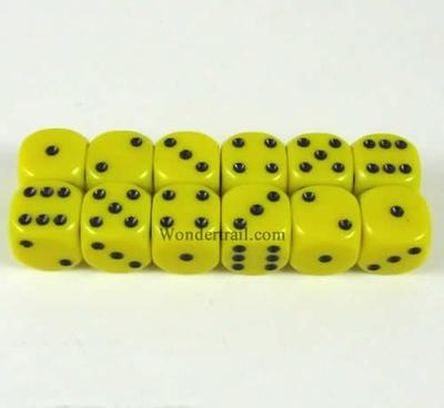 Yellow Dice Black Pips D6 12mm (1/2in) Pack of 12 Wondertrail WCX25802E12