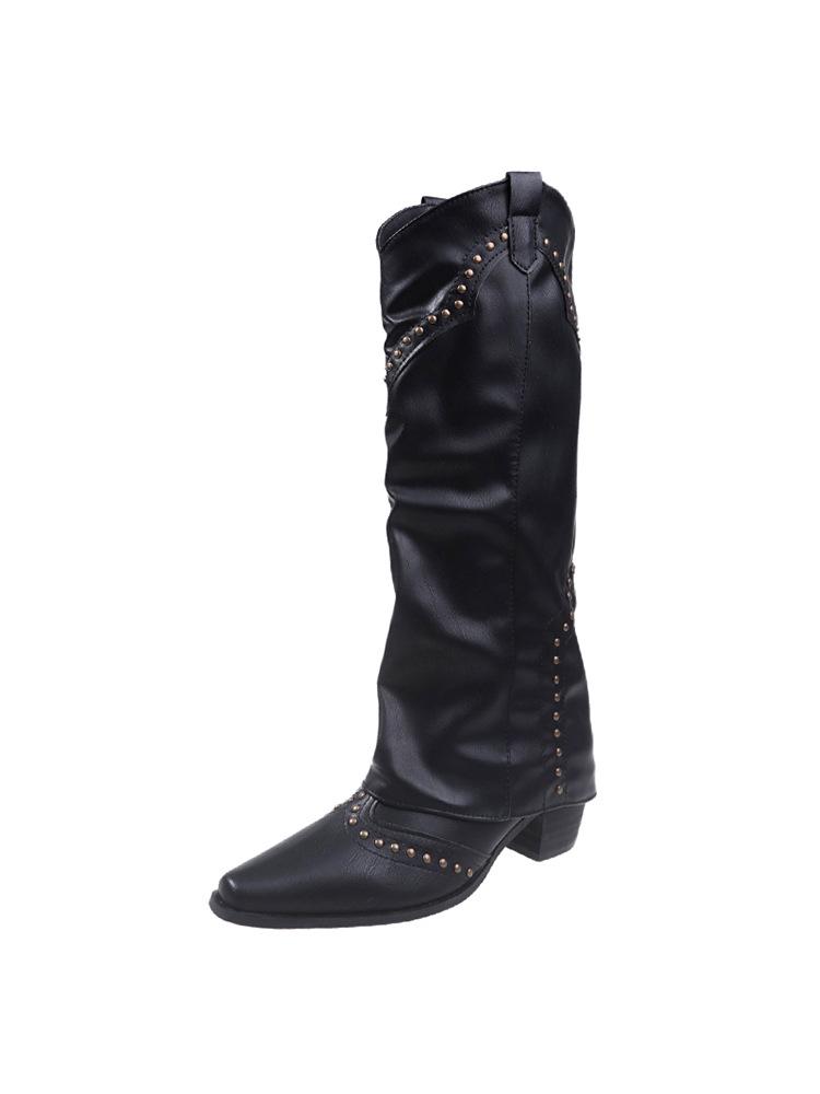 Damen Retro Cowboy Stiefel mit spitzer Zehenpartie - Herbst/Winter 2025 Klobiger Absatz, Kniehoher Reiterstil