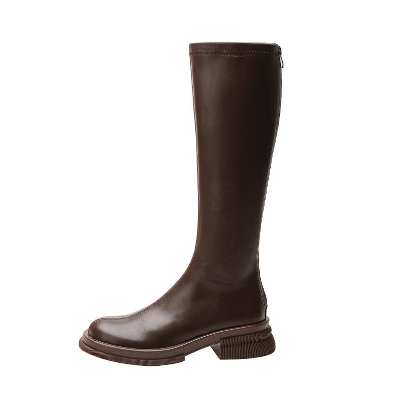 Cowhide version~ Leather thick-soled high knight boots, small but knee boots, fat mm long boots, elastic and thin boots
