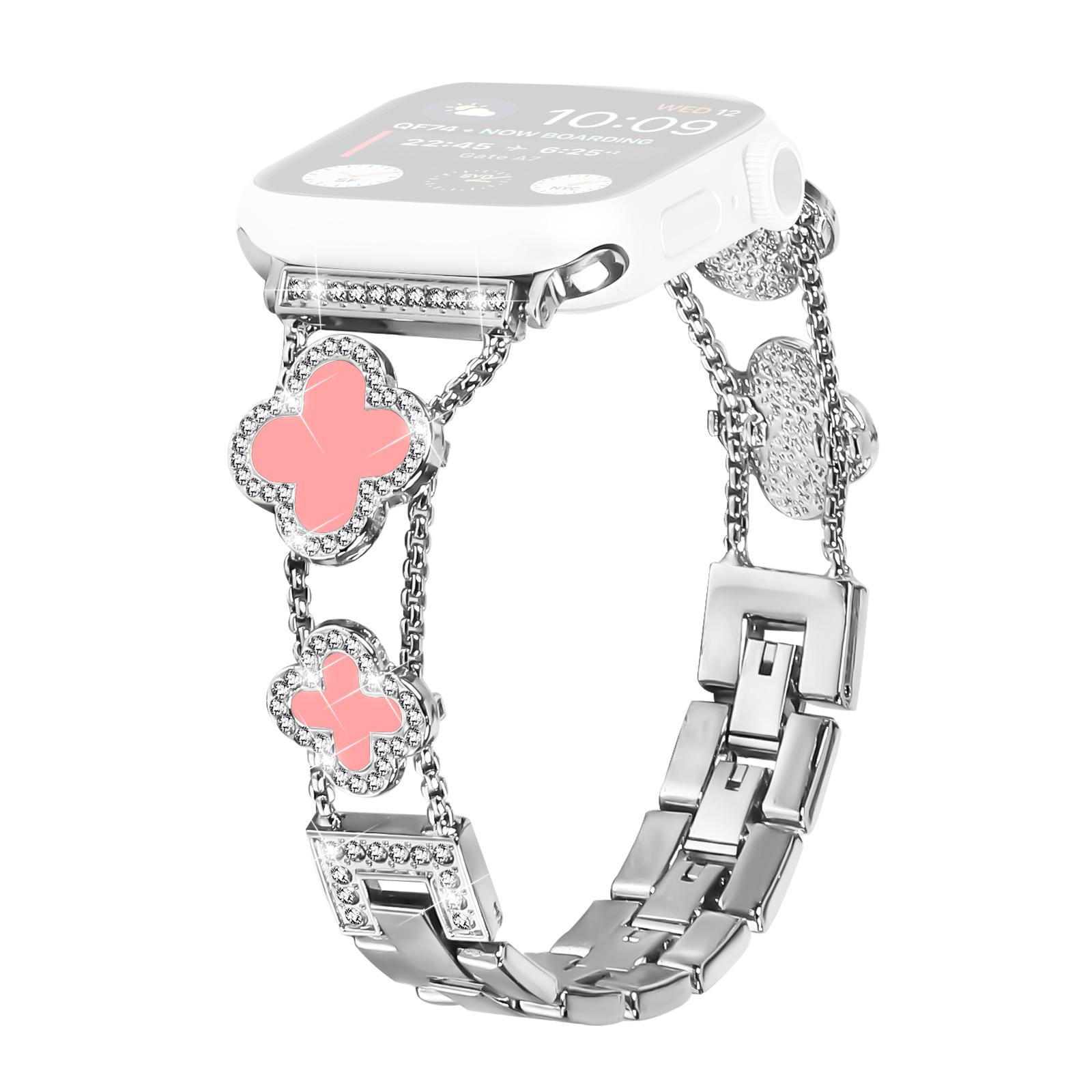 

Zinc Alloy Watch Band For Apple Watch Series 10 Ultra 9 8 7 SE 6 5 4 3 2 1 46mm 49mm 45mm 44mm 40mm Clover Chain Strap Silver/Pink