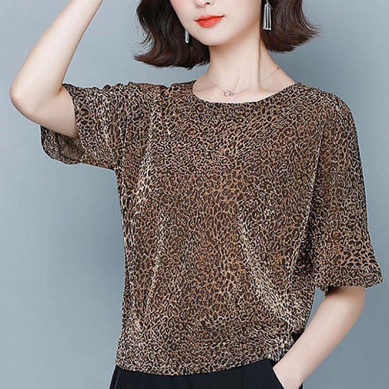 Bright Silk Short-sleeved T-shirt for Women New Summer Loose Belly-covering Leopard Print Top