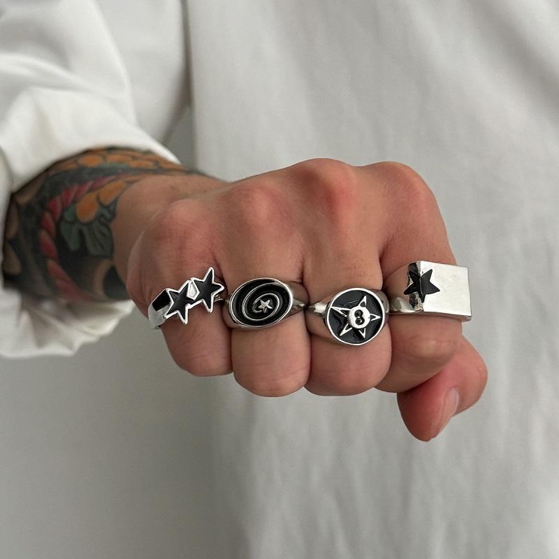 4 Pièces/Ensemble Anneaux Larges Étoile à Cinq Branches Spirale Couleur Argent Vintage Punk Pour Femmes Hommes Anneaux de Doigt Épais Hiphop Créatif Bijoux