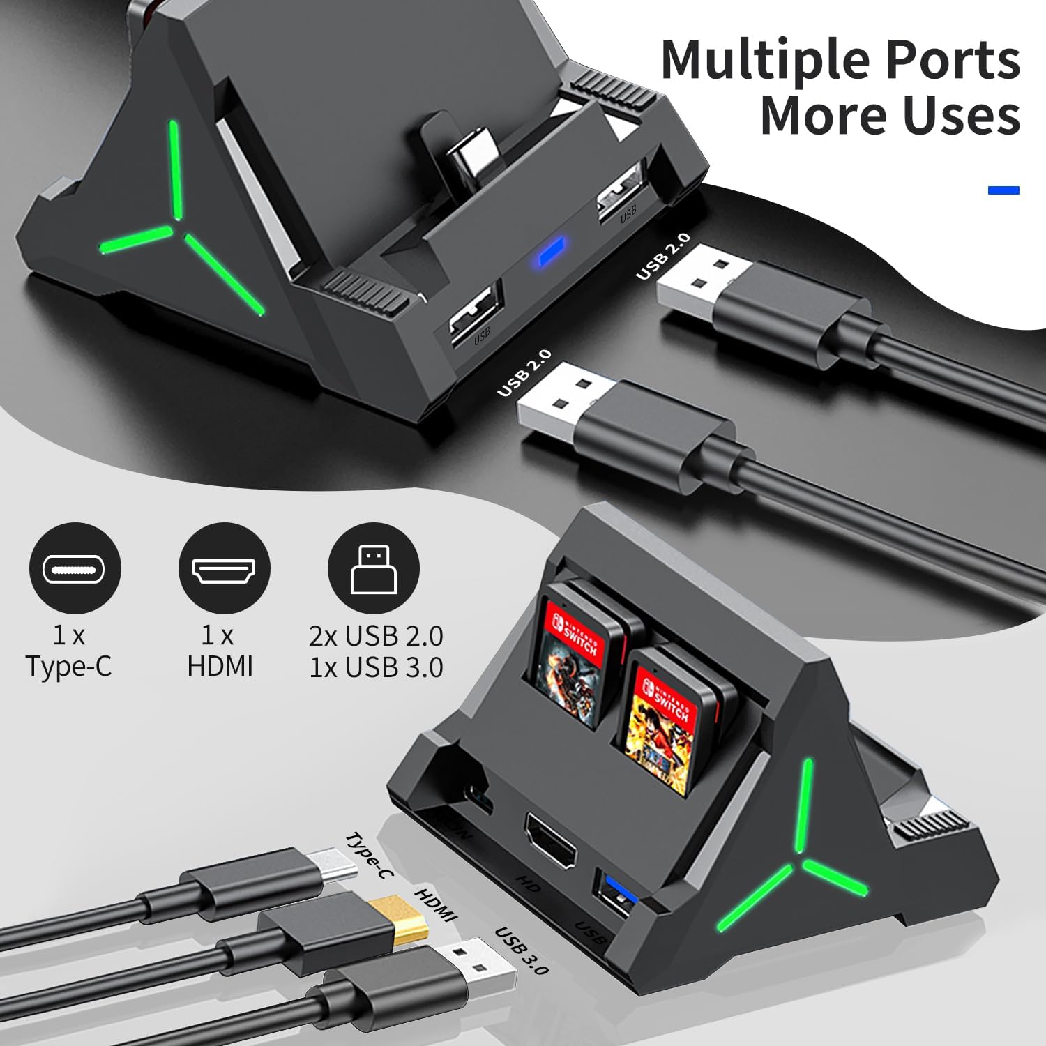TV Dock Station for Switch/OLED, 4K HDMI/USB C/USB 3.0 Ports, LED Atmosphere Light, Holds 4 Game Slots