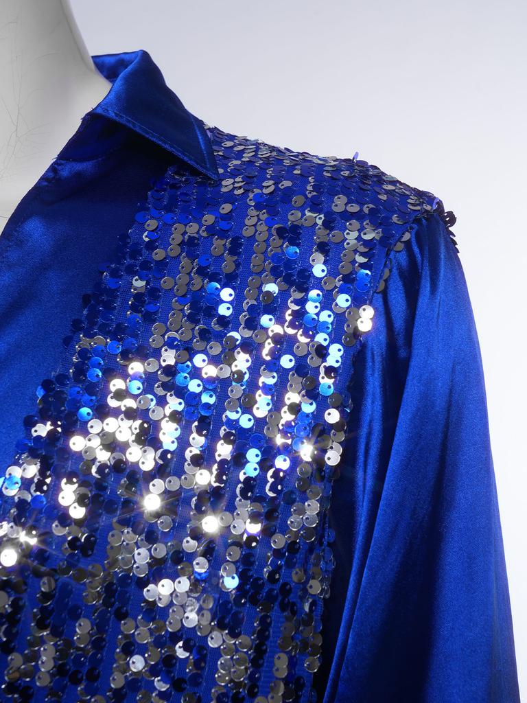 Mens Latin Ballet Dance Bodysuit Glittery Sequined Bodice V Neck Satiny Long Sleeves Buttoned Crotch Leotard