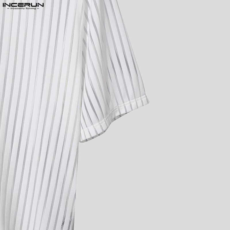 INCERUN Summer Men Lapel Short Sleeve Striped Mesh Sheer Shirts Tops