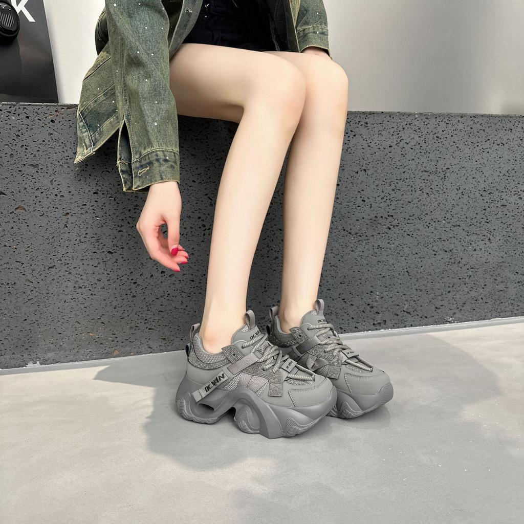 Leather platform mesh dad shoes women's 2025 summer new breathable hollow rhinestone small casual sports shoes