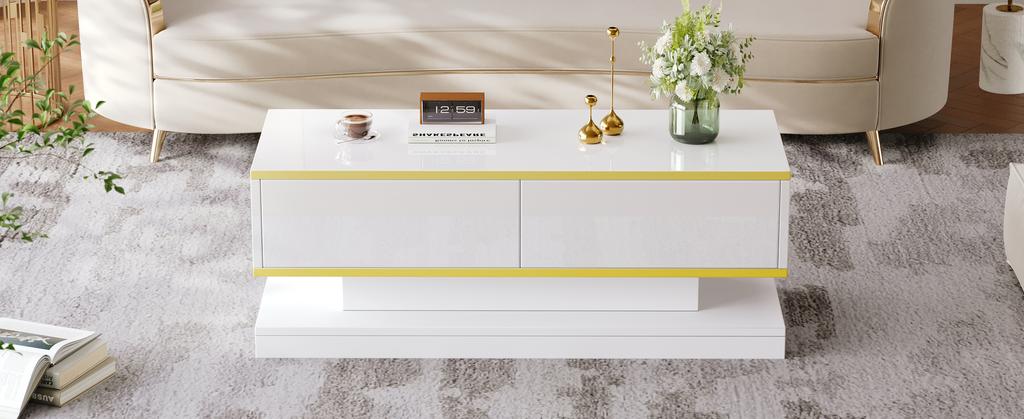 Mesa de centro de alto brillo de 100*50*38 cm con 2 cajones grandes, Blanco cálido + Borde dorado, Parte media estrecha y parte superior e inferior anchas