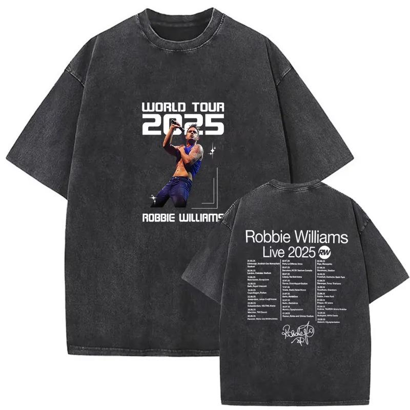 Vintage Washed Robbie Williams BRITPOP Tour 2026 Double Sided T Shirt Men's Women Clothing Fashion High Quality Cotton T-shirts