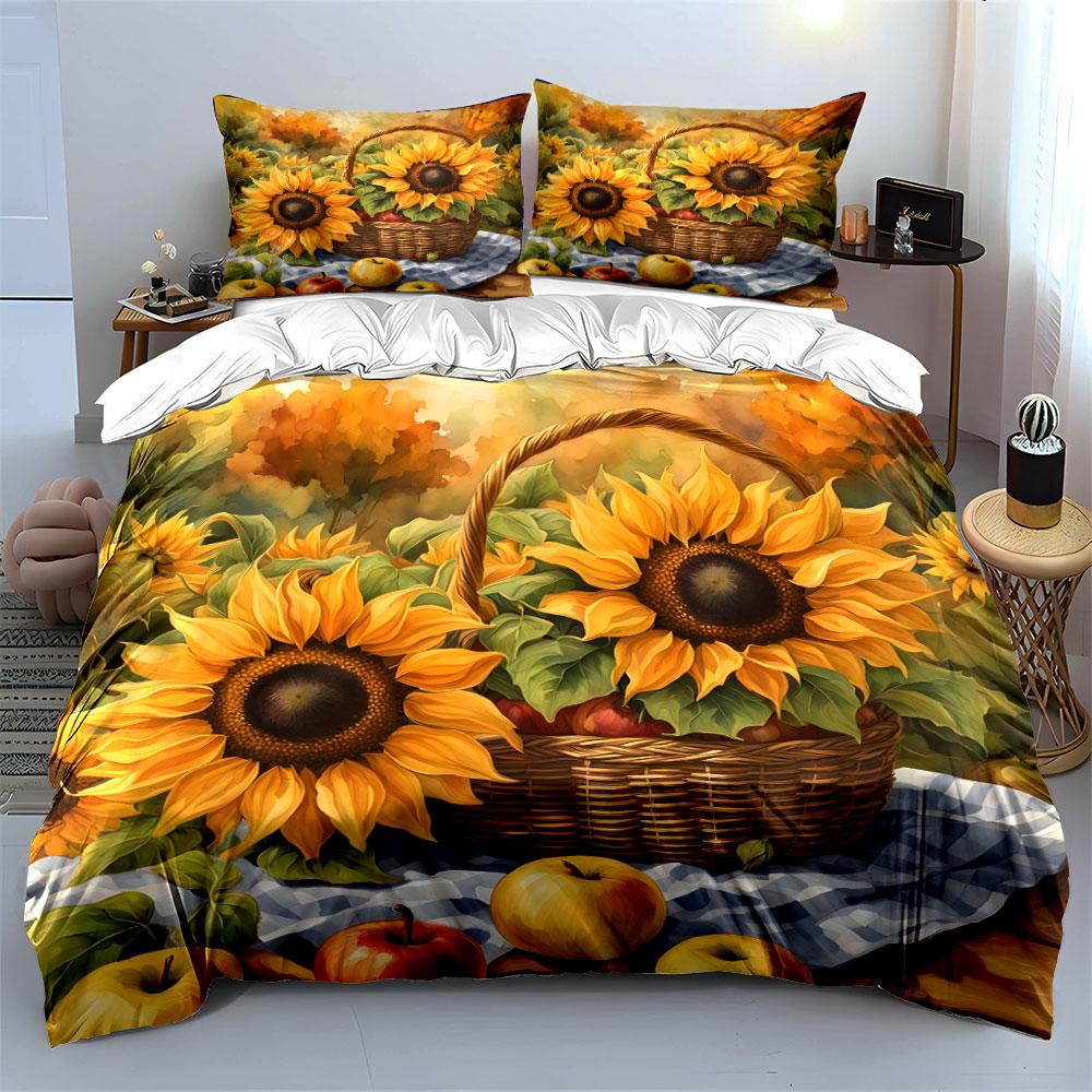 Sonnenblumen und Erntekorb Aufdruck Bettbezug-Set 1 Bettbezug + 2 Kissenbezüge verschiedene Größen Schlafzimmer Bettwäsche Dekor Luxusgeschenke
