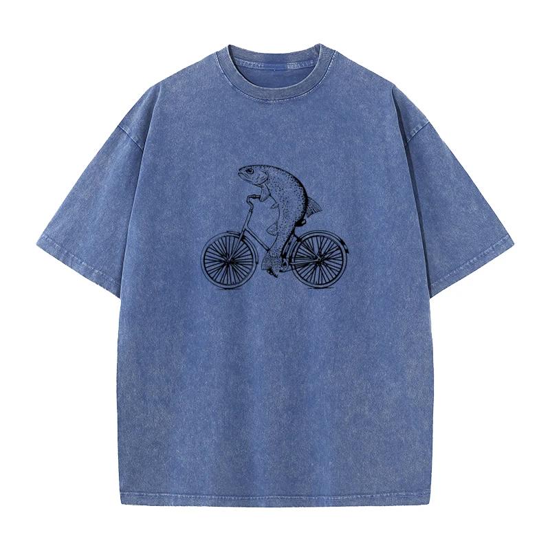 Tops Tees Washed Tops Shirt Bicycle Trout VALENTINE DAY Cotton Fabric O Neck Men Washed Retro T Shirts
