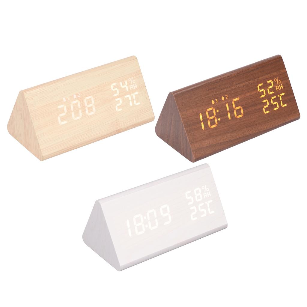 LED Digital Alarm Clock Multipurpose Wooden Clock with Voice Control Humidity Temperature Week Time 