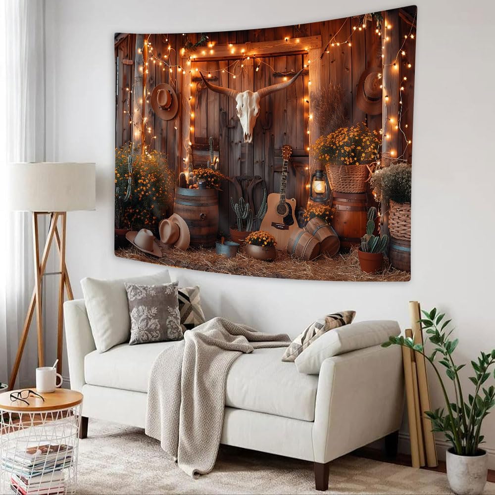 Western Boho Wall Tapestry Aesthetic Southwest Country Ranch Tapestry Retro Rustic Barn Door with Bull Skull Desert Cactus Cowboy Guitar Texas Hippie