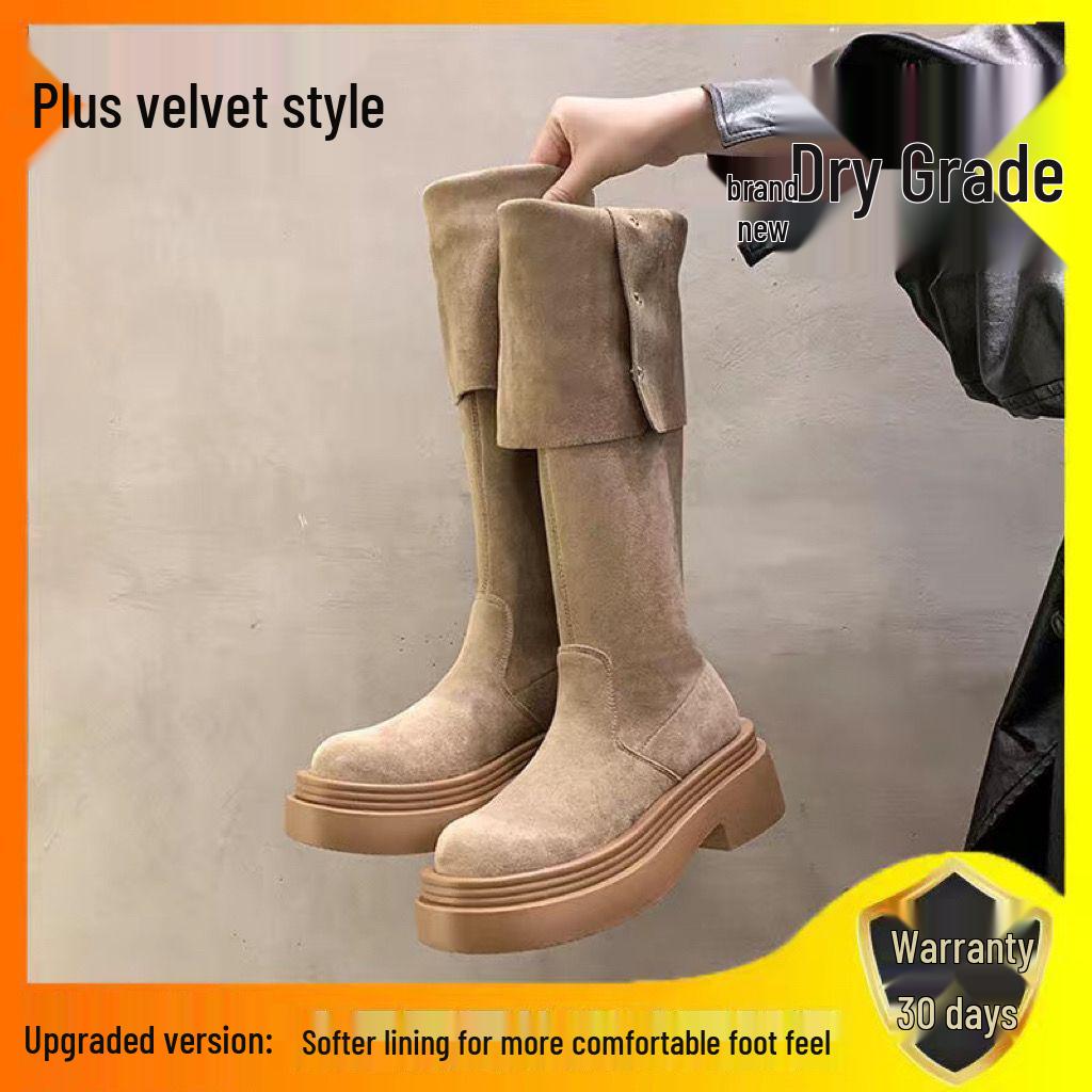 2025 Autumn/Winter Women's Chunky Heel Knee-High Foldable Boots