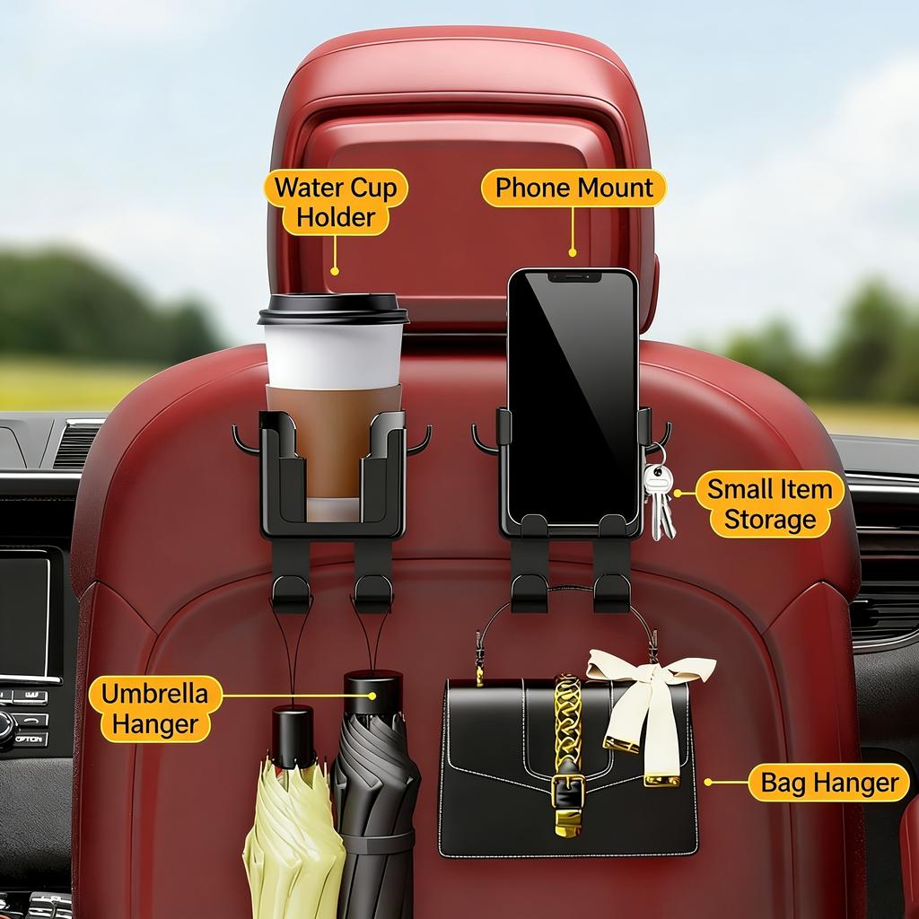 S Universal Car Seat Back Storage Organizer With Cup Holder, Phone Holder & Hooks, Space-Saving Car Organizer For Bottles