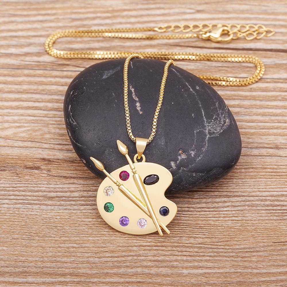 Fashion Painting Plate Colorful Zirconia Pendant Necklace for Women Art Pigment Palette Draw Brush Chain Link Jewelry