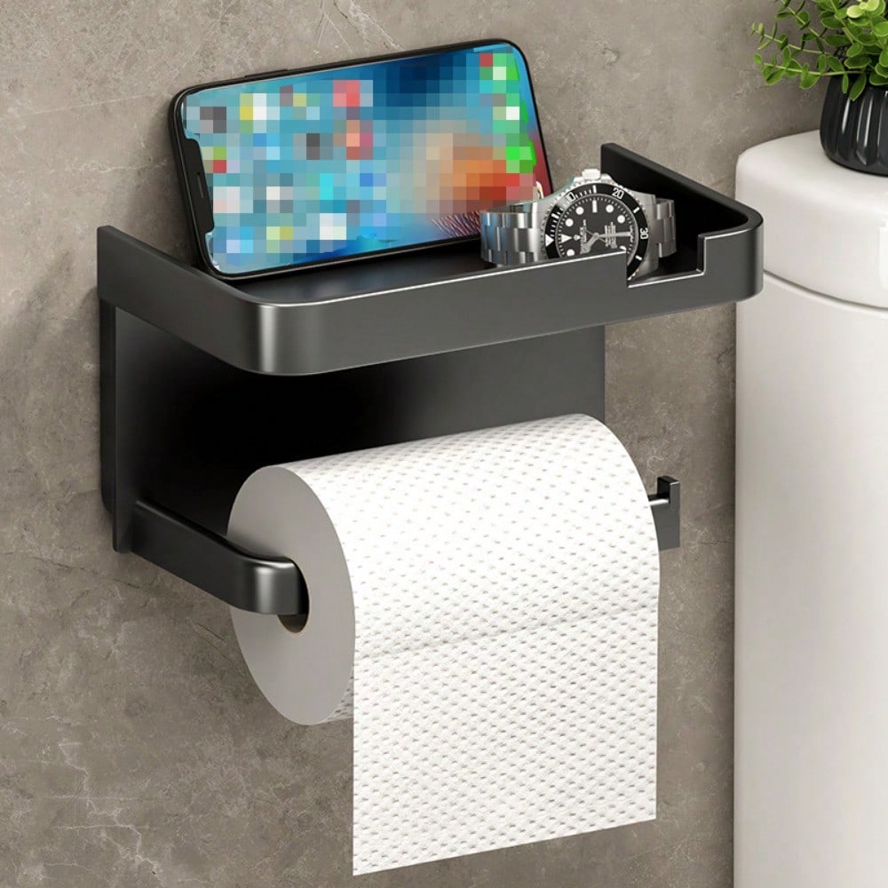 Wall-Mounted Toilet Paper Storage Rack Punch-Free Adhesive Tissue Box Mobile Phone Holder Dual-Purpose Organizer For Bathroom