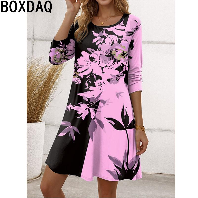 Big Size Autumn Long Sleeve O-Neck Casual A-Line Dress 3D Gradient Vintage Floral Dress Elegant Women's Dress Vestidos