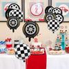 12-Piece Racing-Themed Balloon Set, 18inch Black and White Checkered Balloons, 18inch Tire-Shaped Balloons, 18inch Gold-Edged Tire-Shaped Balloons,