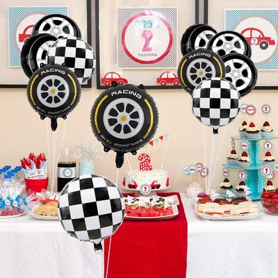 12-Piece Racing-Themed Balloon Set, 18inch Black and White Checkered Balloons, 18inch Tire-Shaped Balloons, 18inch Gold-Edged Tire-Shaped Balloons, 