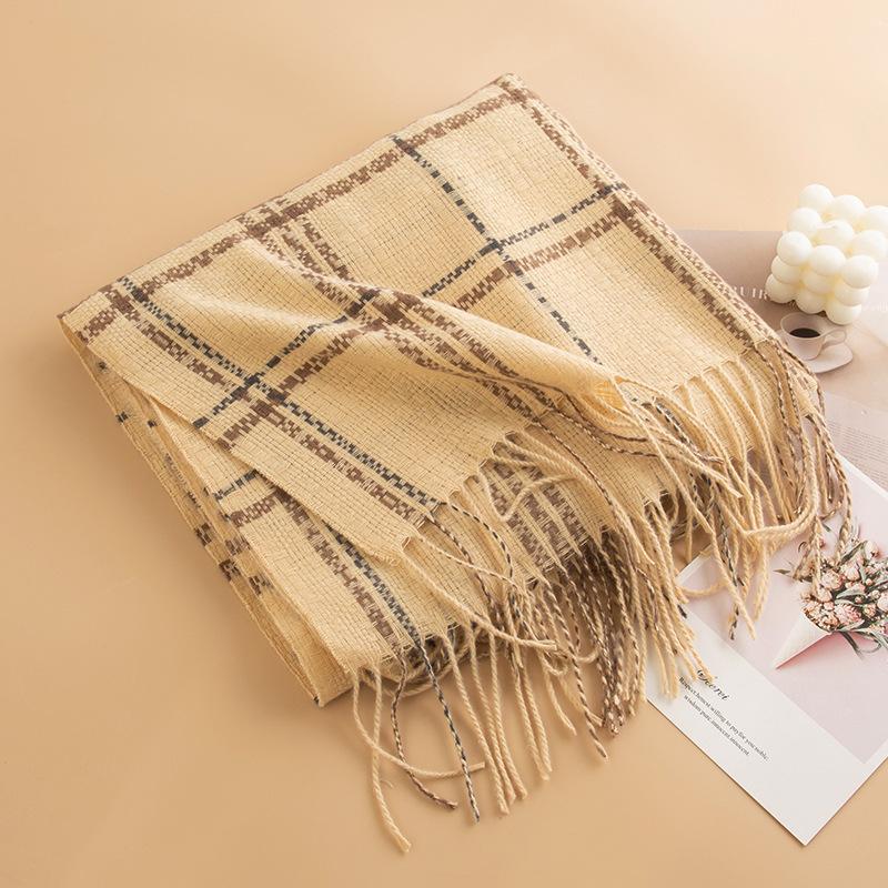 Korean Lady's Sweet Plaid Imitation Cashmere Tassel Scarf for Girls High End Winter Versatile Thickened Scarf