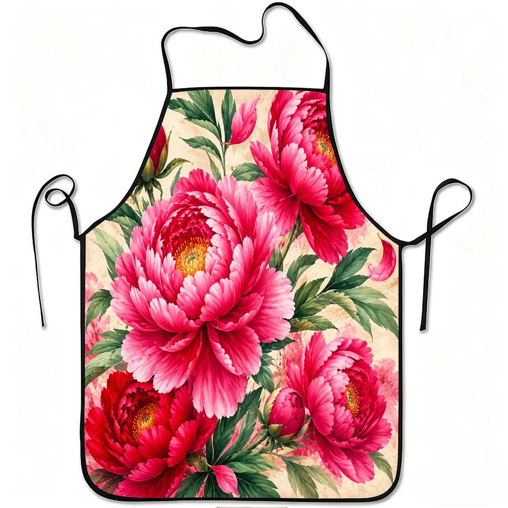 1pc Red Pink Peony Flower Apron - Adjustable Waistband, Durable Easy-Clean Polyester Suitable for Kitchen Cooking, Gardening, Picking, Christmas & Hal