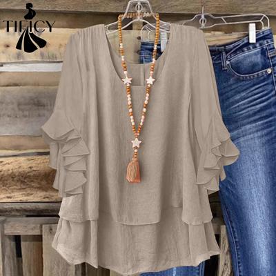 Damen Mode Lässig Frühling Herbst Einfarbige Print Langarm U-Ausschnitt Blusen & Hemden