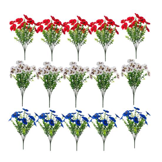 

4th of July Artificial Pansy Flowers for Outdoor, UV Resistant Faux Silk Patriotic Flowers, Red Blue White Fake Flowers for Planter Front Door Porch 15 pcs