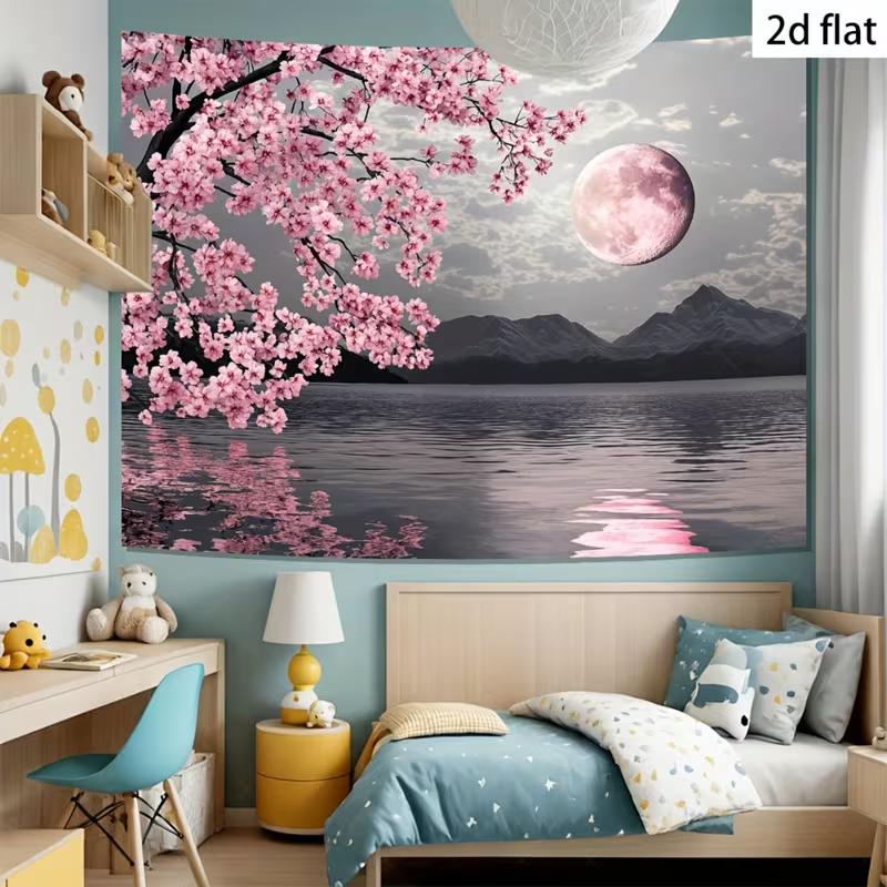 2D Cherry Blossom Full Moon Backdrop Lake Mountain Background