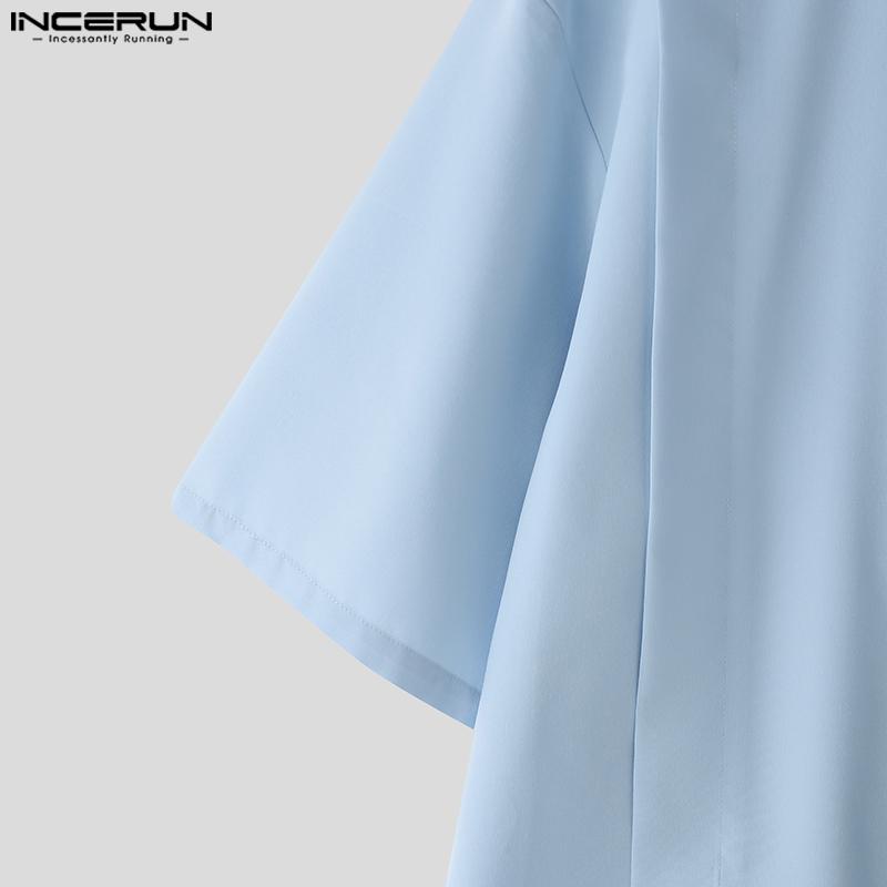INCERUN Oversized Men Tie Up Neck Short Sleeve Solid Color Casual High Low Shirts