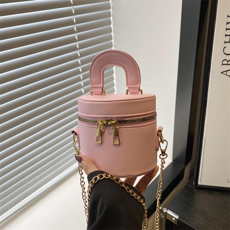 Double zipper mini chain fashionable personality simple trend portable shoulder crossbody cylinder women's bag