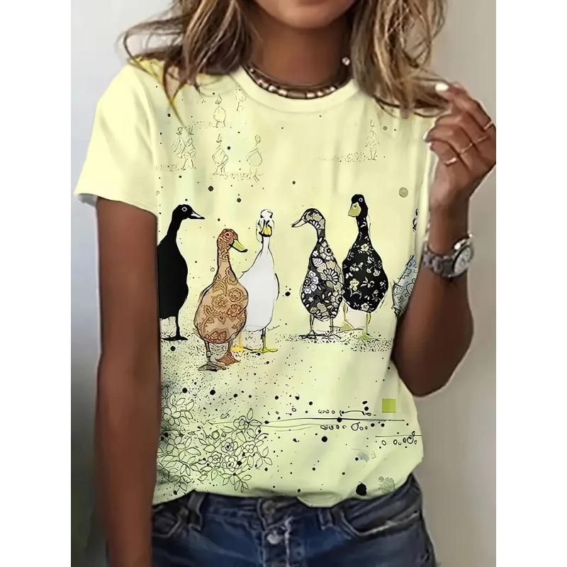 

Summer Round Neck 3D Duck Print Top Fashionable Casual Short Sleeved Women s T-shirts XS