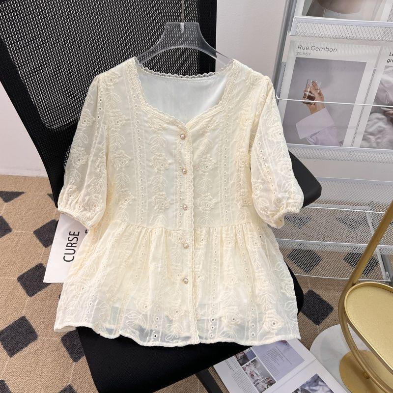 Spring 2025 Korean Style Lace Embroidered Square Neck Shirt - Versatile, Slimming, Long Sleeve Top