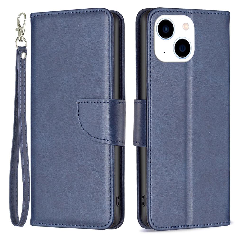 

For iPhone 15 Phone Stand Cover Solid Color Fine Textured PU Leather Wallet Anti-Scratch Phone Case Blue
