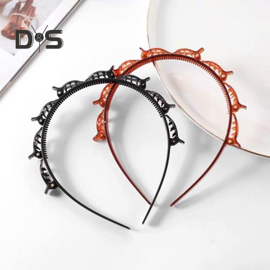 2Pcs Women Headband with Clips Double Layer Design Anti-slip Hairband Bang Braided Hair Hoop Hair Accessories
