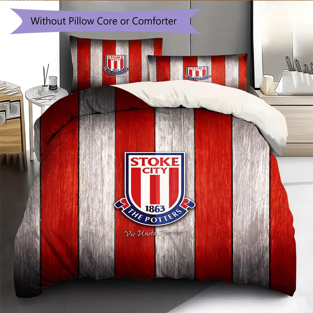 Stoke City FC Muster Bettwäsche Bettdecken-Set Heimdekoration Geschenk (1 Bettbezug + 2 Kissenbezüge (ohne Füllung))