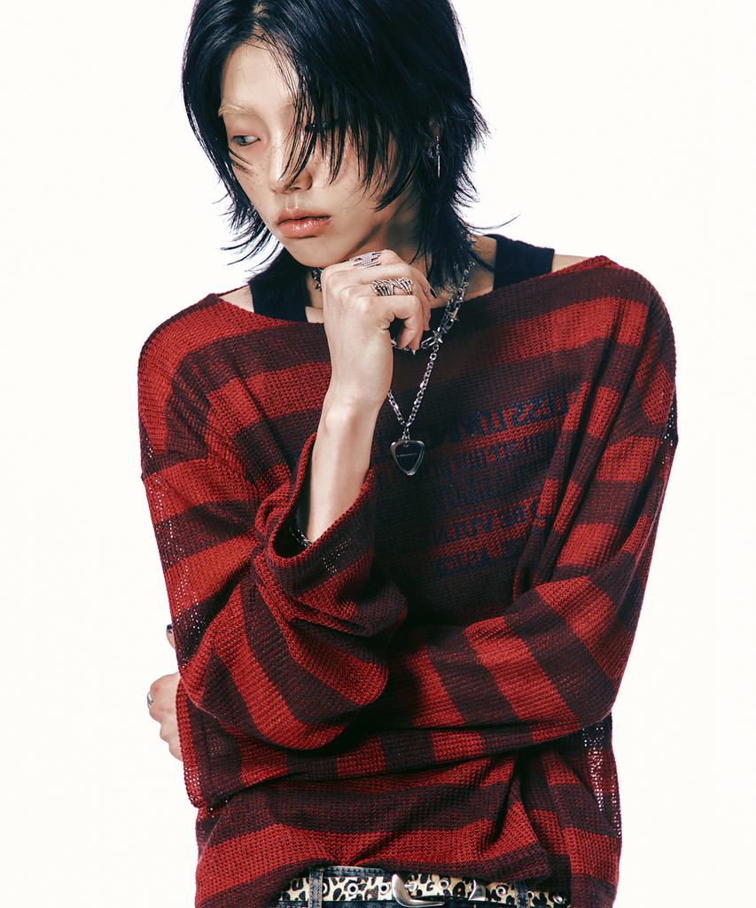 LANARCHIVE [0058] Lettering Stripe Knit (Red)