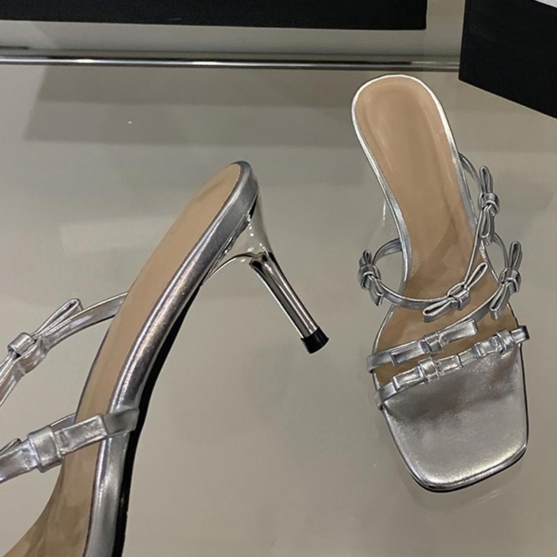 Designer Leopardenmuster Schleife Schmalband Damen Hausschuhe Sandale Sommer Party Eckige Zehenpartie Niedrige Dünne Absätze Mules Pantoletten Schuhe