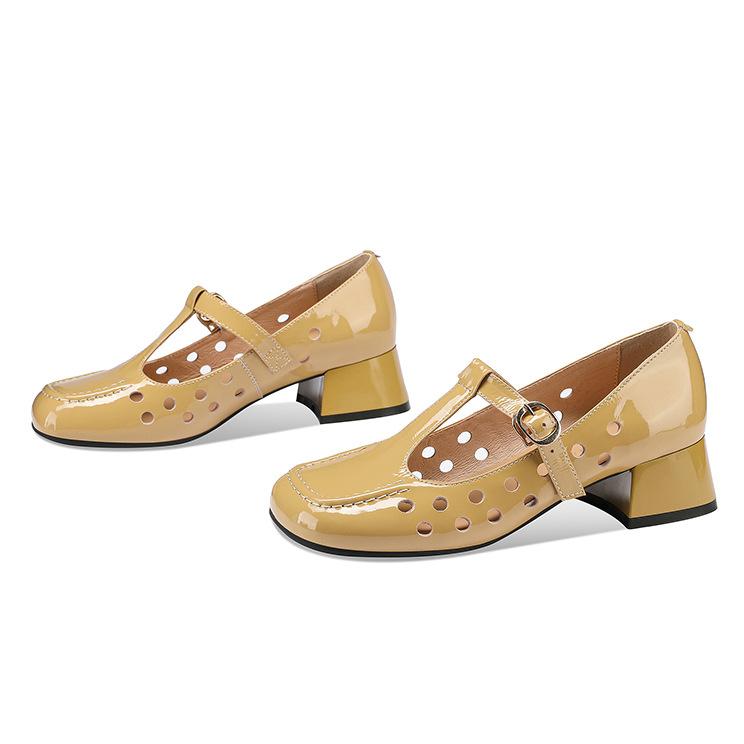 

Single shoes 2025 new women s soft leather soft sole hollow women s shoes summer T-shaped shoes women s patent leather thick heel hole shoes women 40